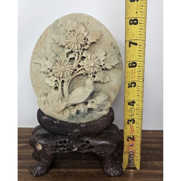Vintage Chinese Hand Carved Soapstone Birds & Floral Motif Sculpture 8.5" Flaws - Picture 12 of 15